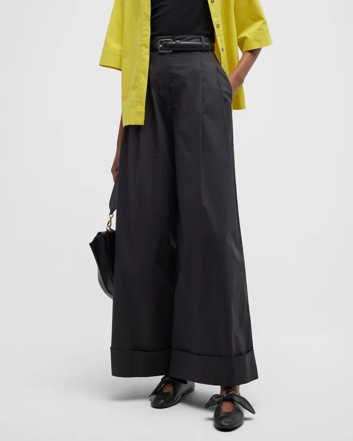 Wide-Leg Cuffed Cotton Pants