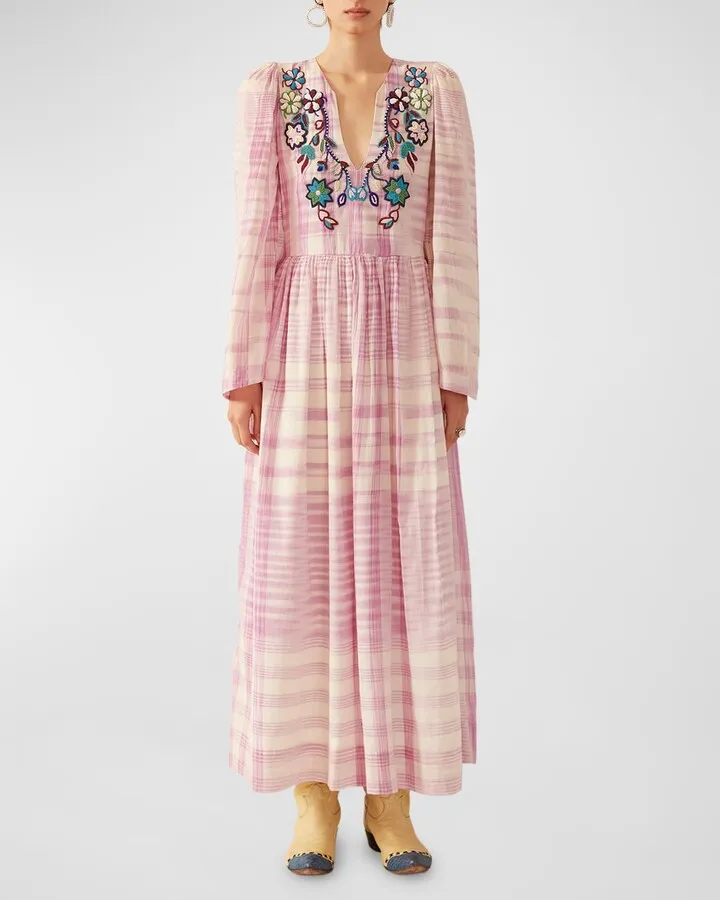 Savannah Plaid Embroidered Maxi Dress