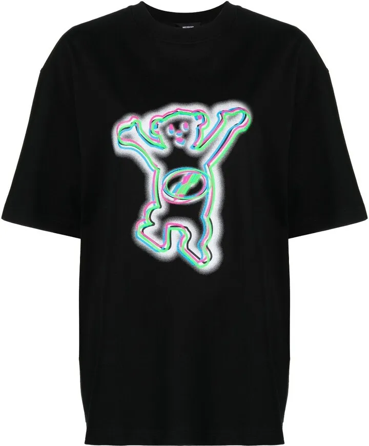 Black Colourful Teddy Print Cotton T-Shirt