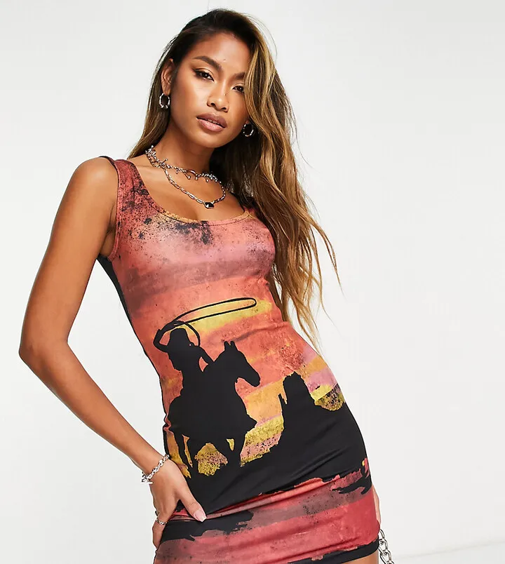 Reclaimed Vintage Inspired rodeo scenic print vest dress in red