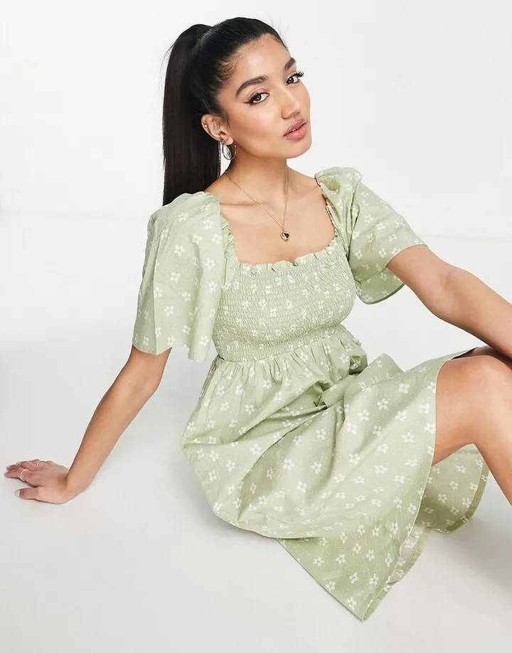 Monki shirred puff sleeve mini dress in green floral
