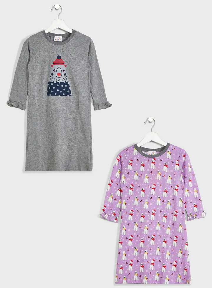 Girls Printed Nighties Pack Of 2