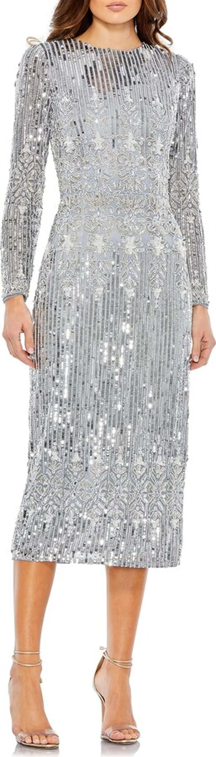 Bead & Sequin Long Sleeve Sheath Gown