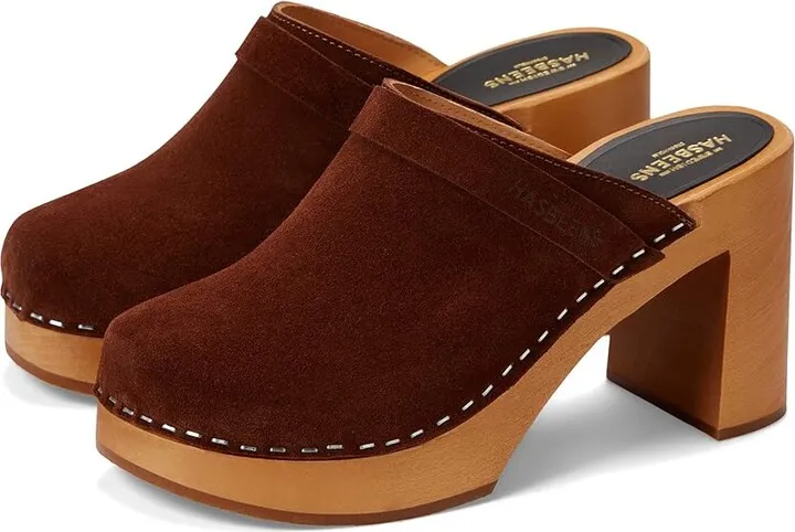Swedish Hasbeens Husband Sky High (Cognac Suede) Women's Clog Shoes