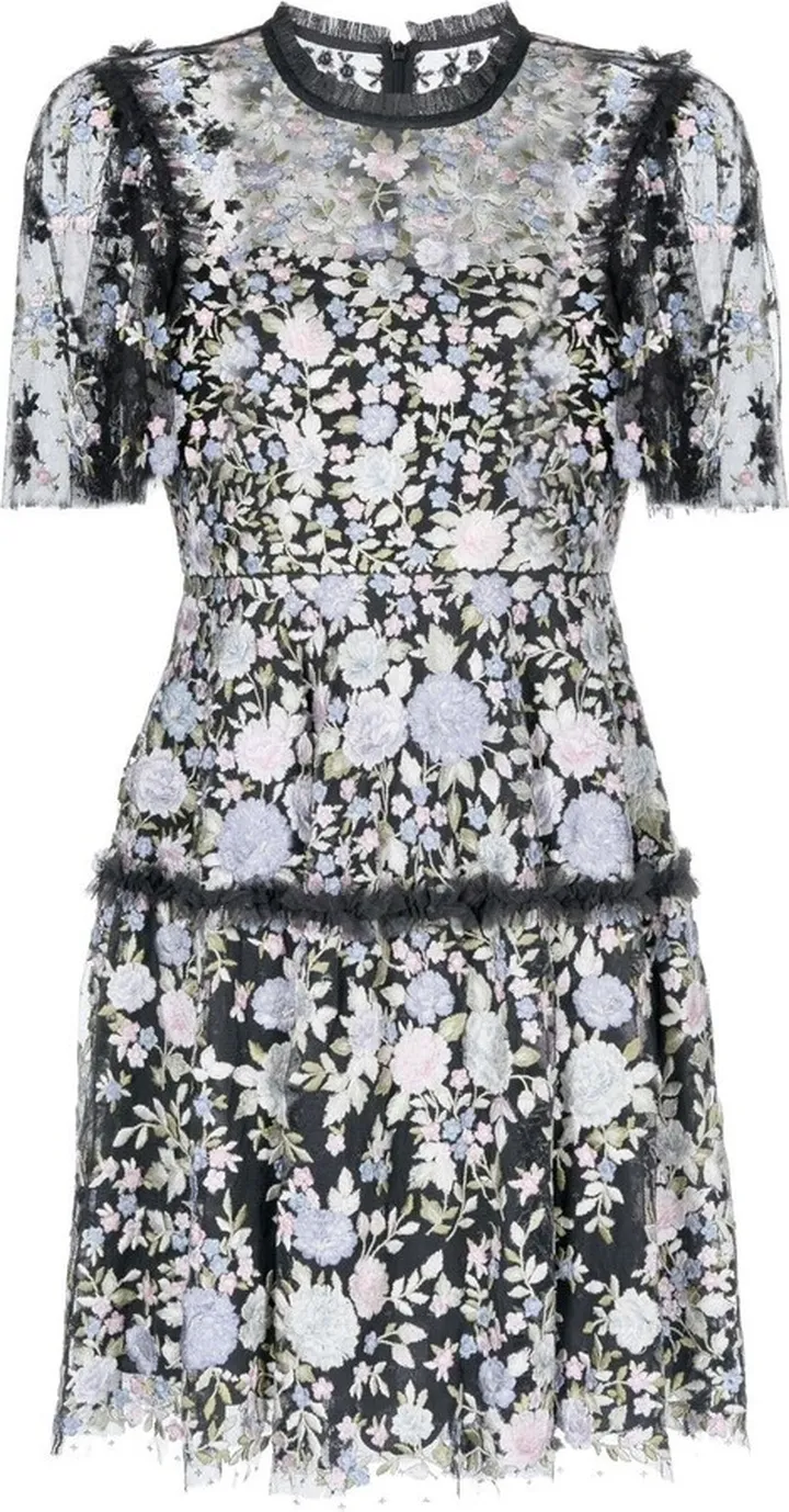 Floral-Embroidery Ruched Dress