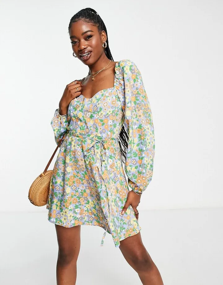 ASOS DESIGN milkmaid corset detail mini dress in floral print