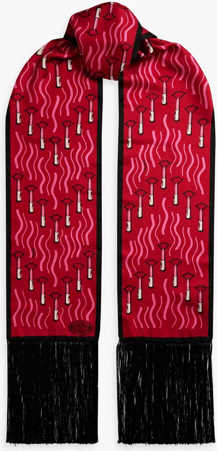 Fringed printed silk-twill scarf