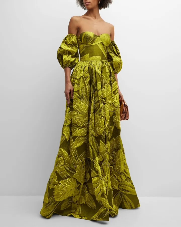 Off-The-Shoulder Puff-Sleeve Floral-Jacquard Gown