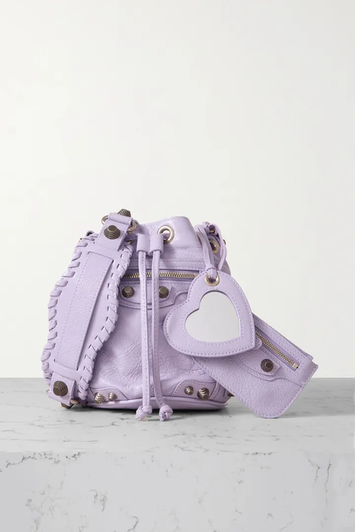 Balenciaga - Le Cagole Xs Studded Crinkled-leather Bucket Bag - Purple