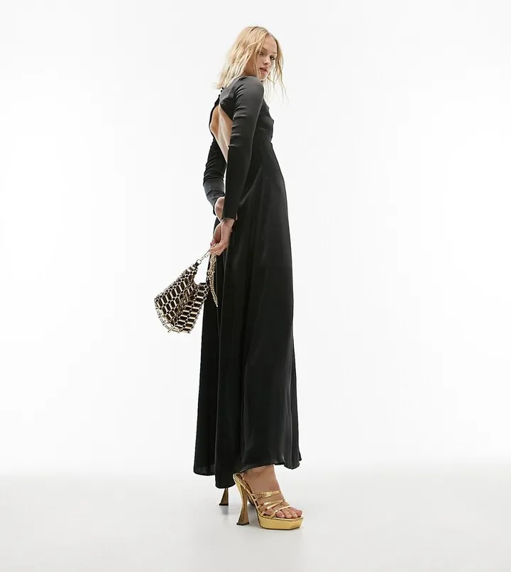 Topshop twist back long sleeve satin occasion midi dress in black