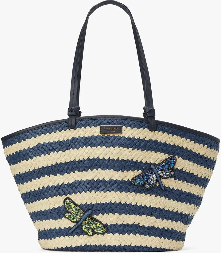 Kate Spade Shore Thing Embellished Striped Straw Large Tote