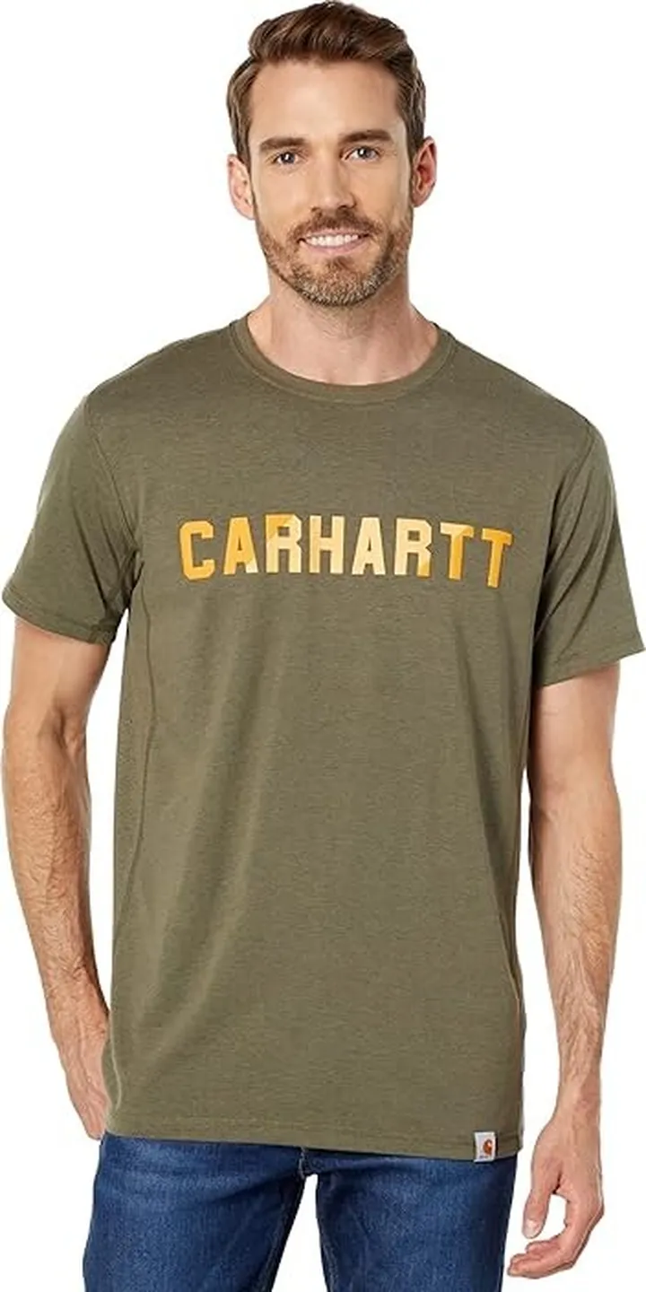 Carhartt Force Relaxed Fit Midweight Short Sleeve Block Logo Graphic T-Shirt (Basil Heather) Men's Clothing