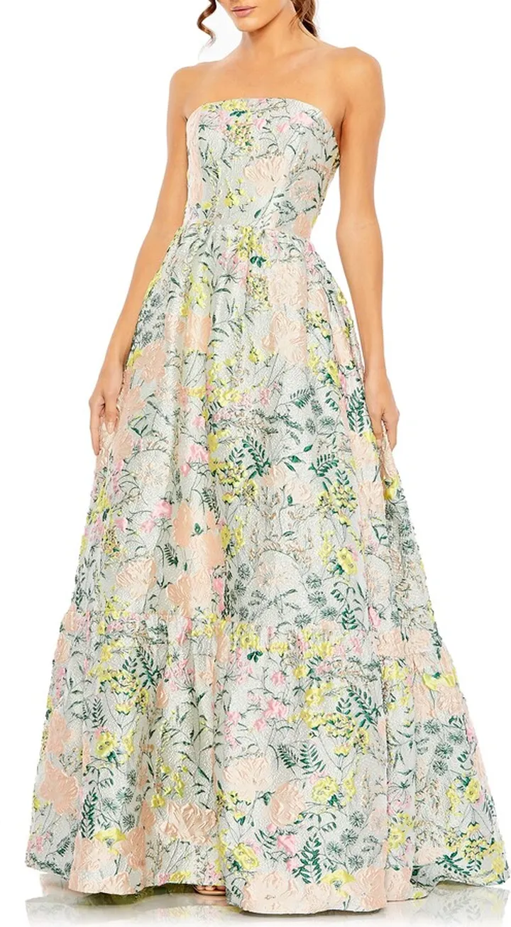 Floral Brocade Strapless A-Line Gown