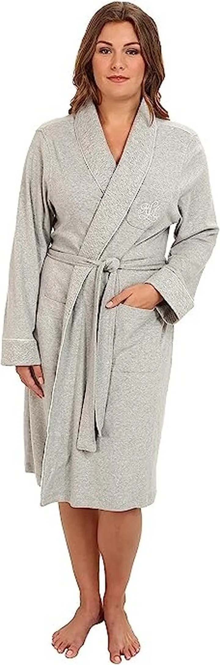 LAUREN Ralph Lauren Plus Size Essentials Quilted Collar and Cuff Robe (Heather Grey) Women's Robe