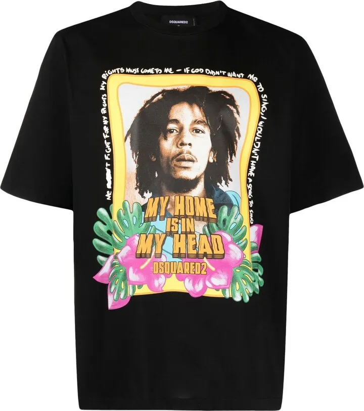 Black Bob Marley Print T-Shirt