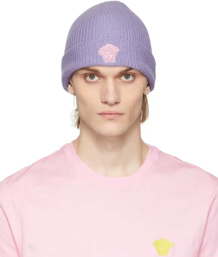 Versace Purple Embroidered Medusa Beanie