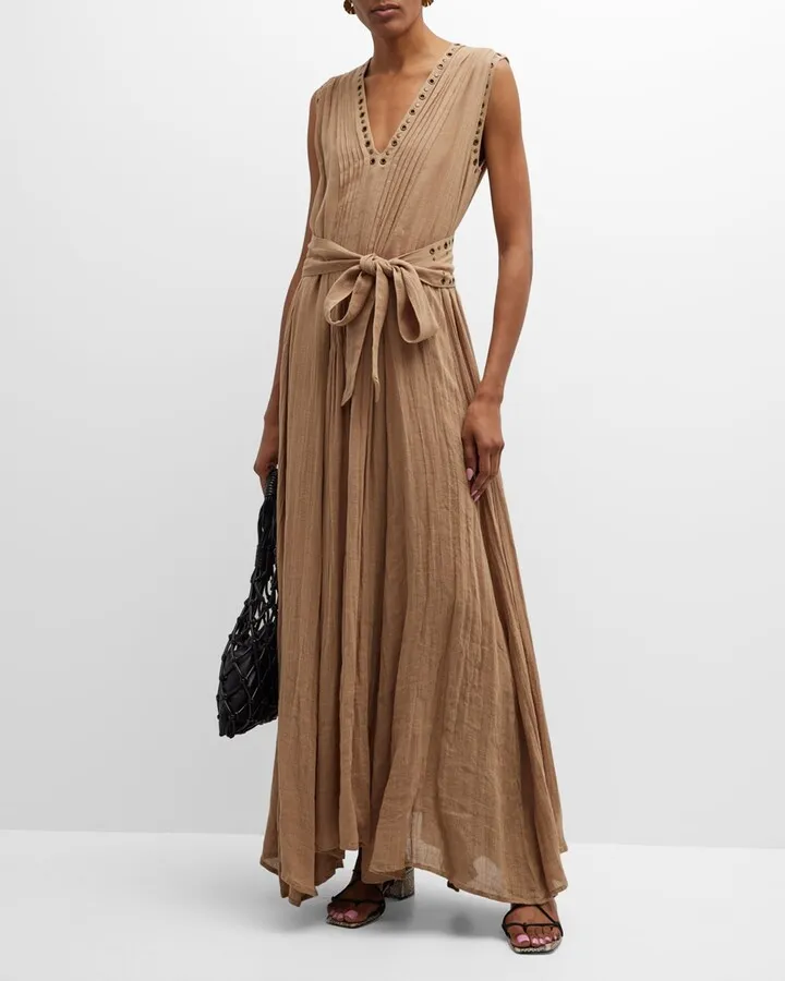Galla Grommet Crinkled Linen Maxi Dress