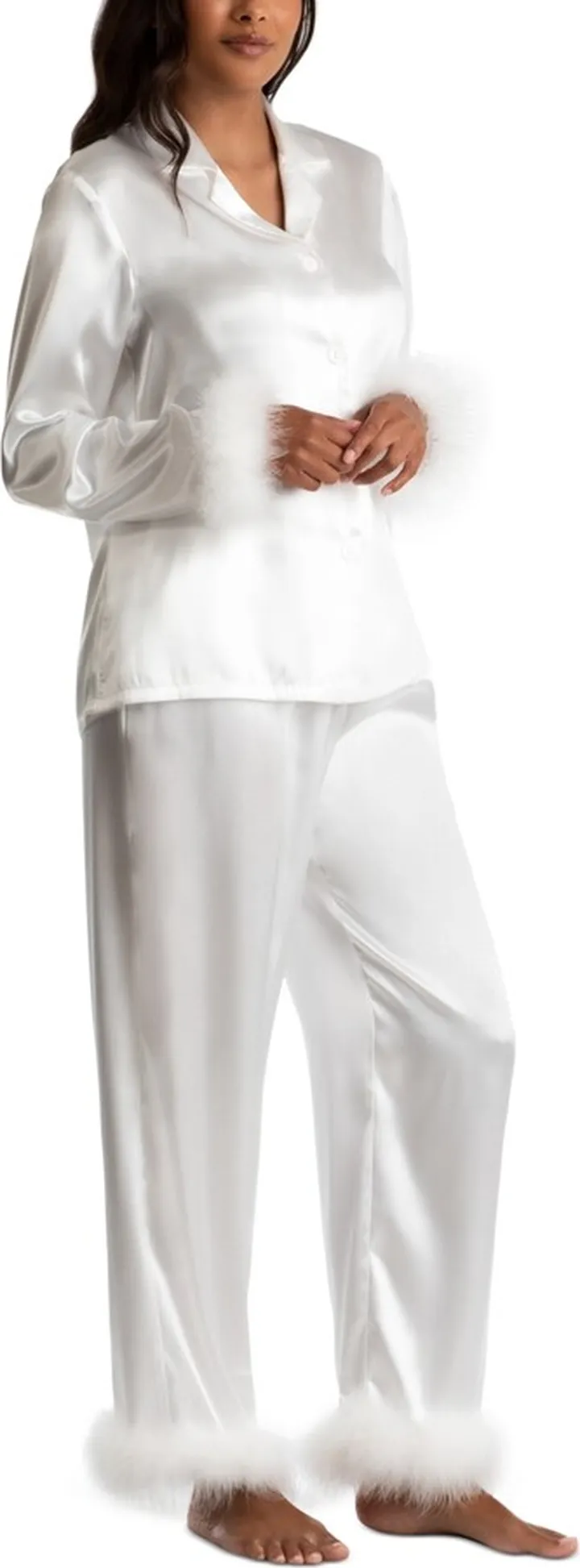 Linea Donatella Women's Marabou Feather Satin Pajama Set