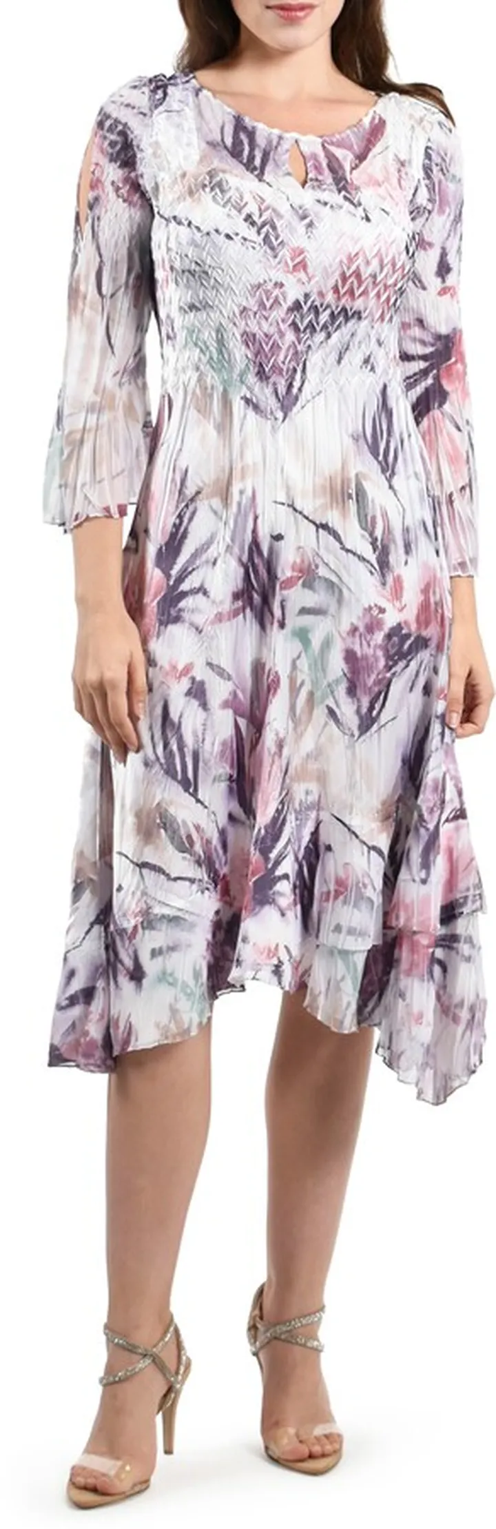 Floral Slit Shoulder Chiffon & Charmeuse Cocktail Midi Dress