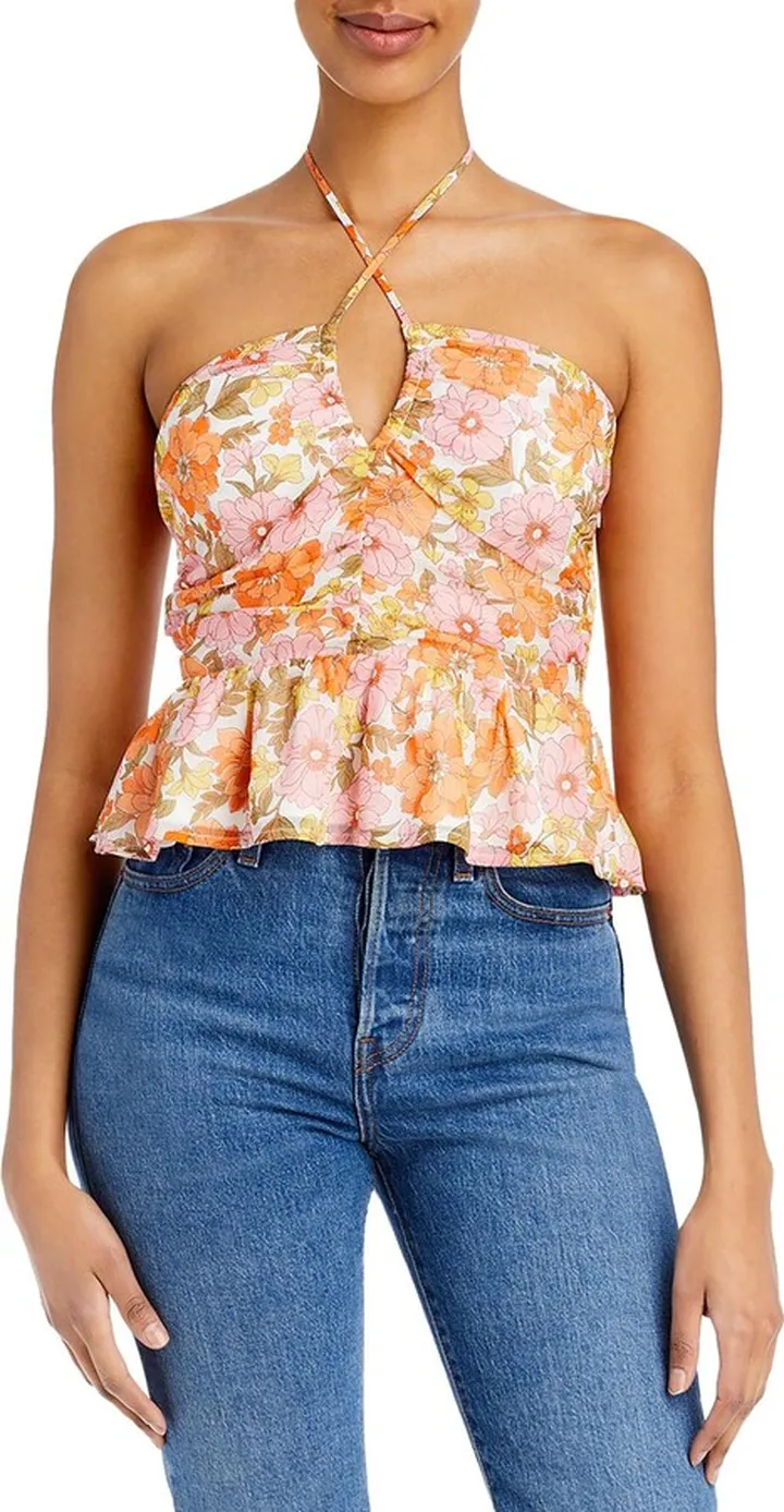 Womens Floral Print Halter Pullover Top