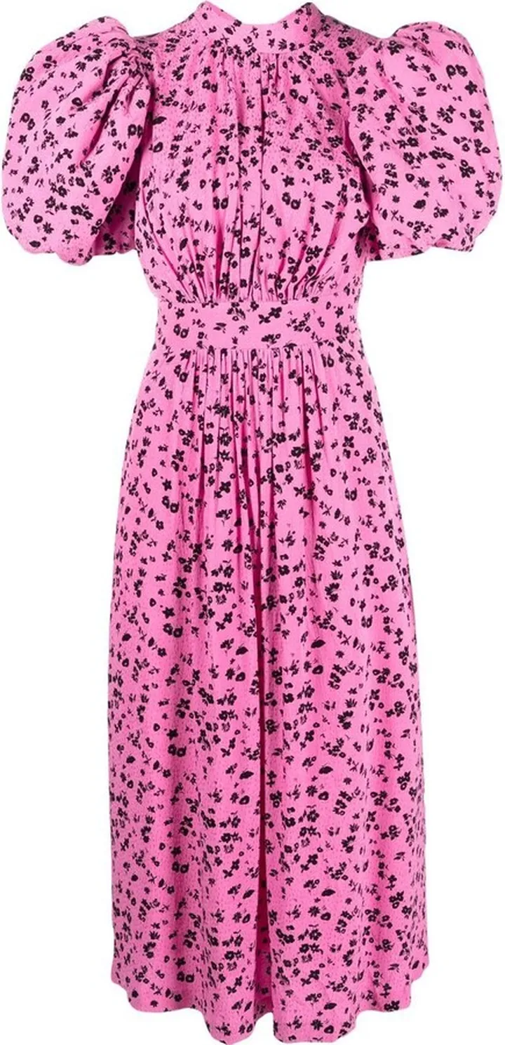 Jacquard Puff-Sleeve Midi Dress