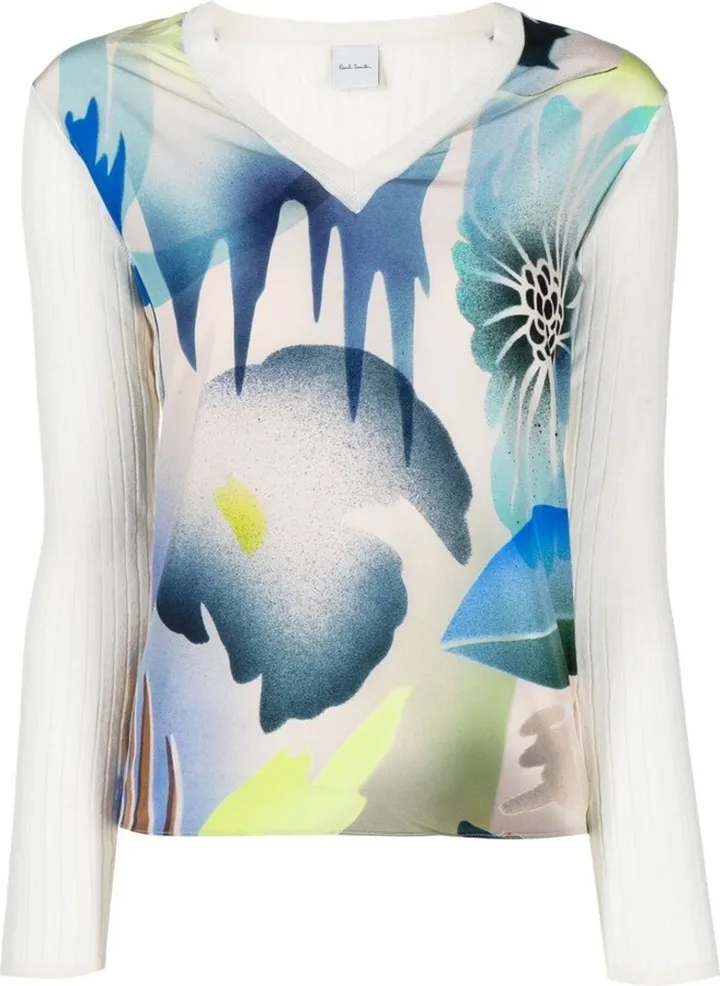 floral-print V-neck jumper