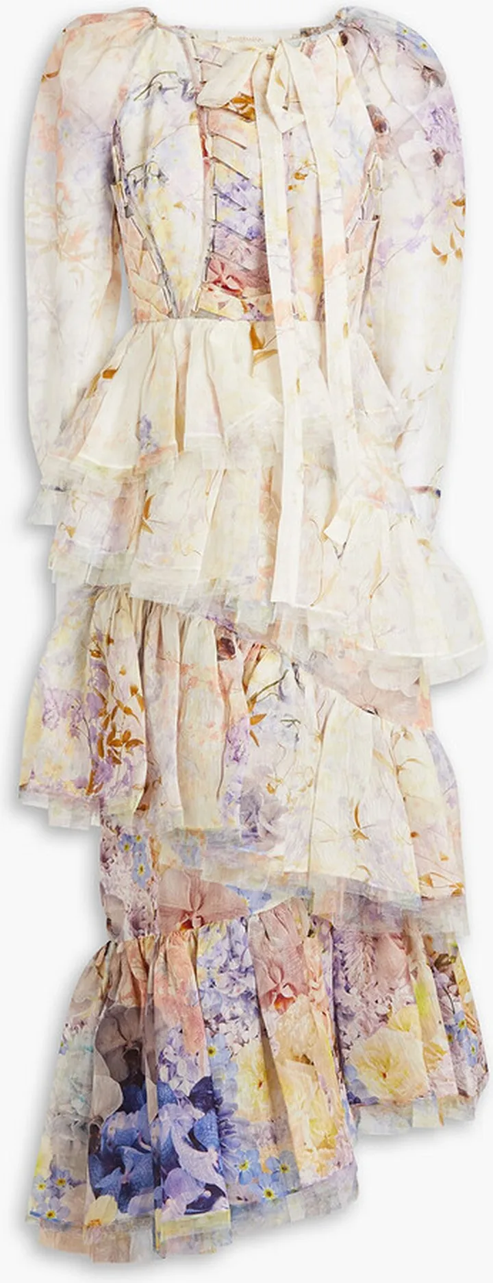 Tiered floral-print silk and linen-blend midi dress