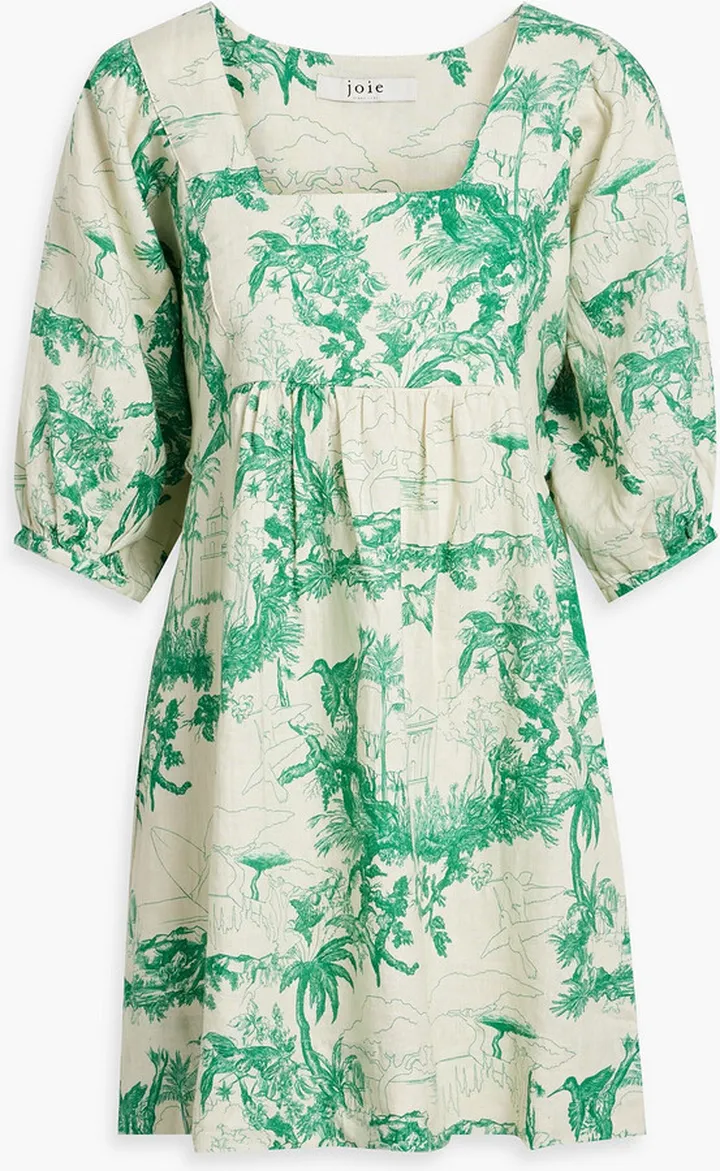 Jade gathered printed linen mini dress