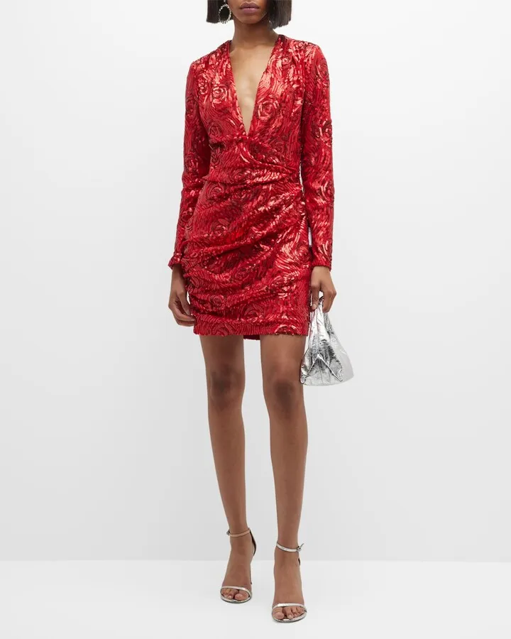Long-Sleeve Sequin Floral Mini Dress