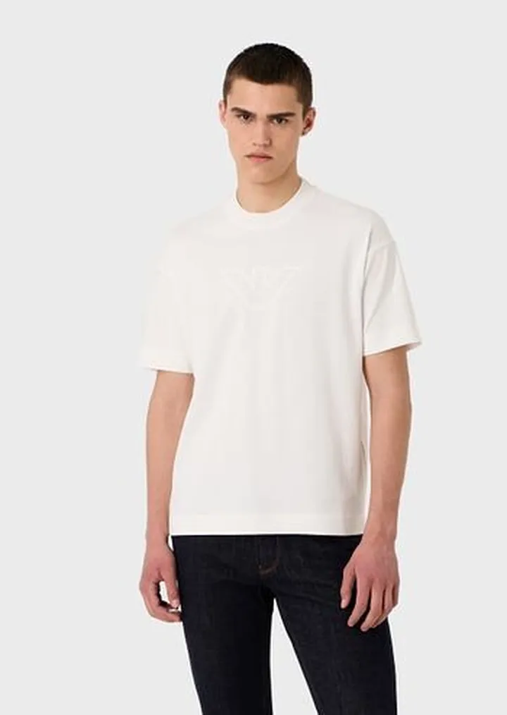 Heavy jersey T-shirt with oversized embossed logo trim