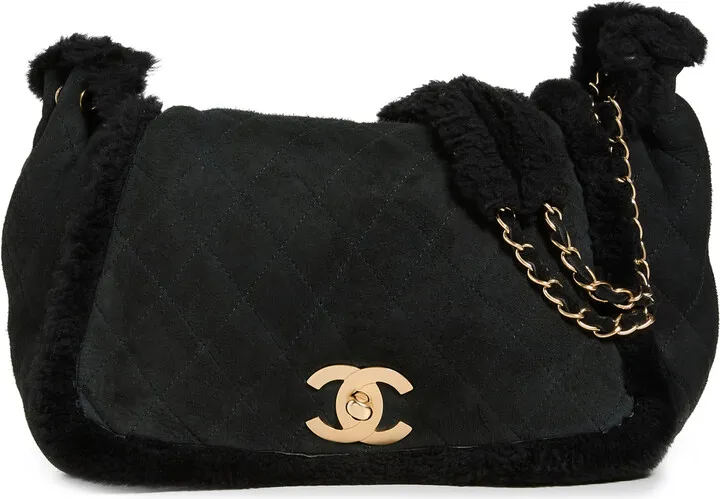 What Goes Around Comes Around Chanel Black Suede Shearling Shoulder
