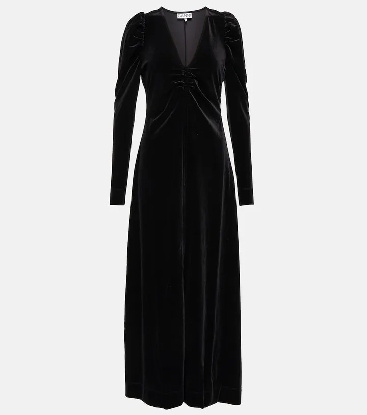 Puff-sleeve velvet maxi dress