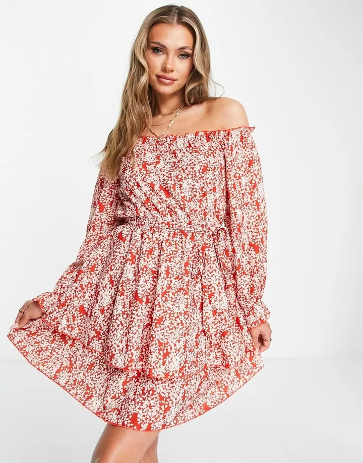 Parisian off shoulder tie waist mini dress in red floral print