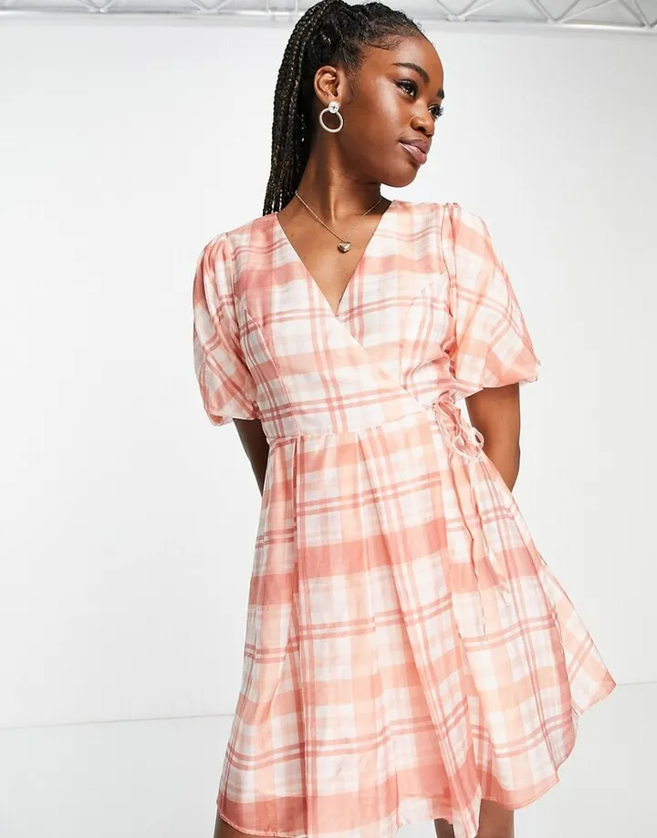 Ever New puff sleeve mini dress in oversized red plaid