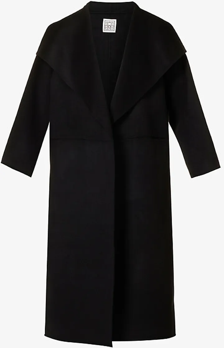 Womens Black Signature Dropped-shoulder Wool and Cashmere-blend Coat