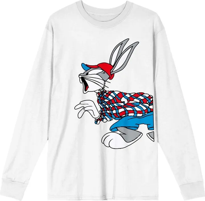 Looney Tunes Bugs Bunny on the Hunt Men’s White Long Sleeve Shirt-Small