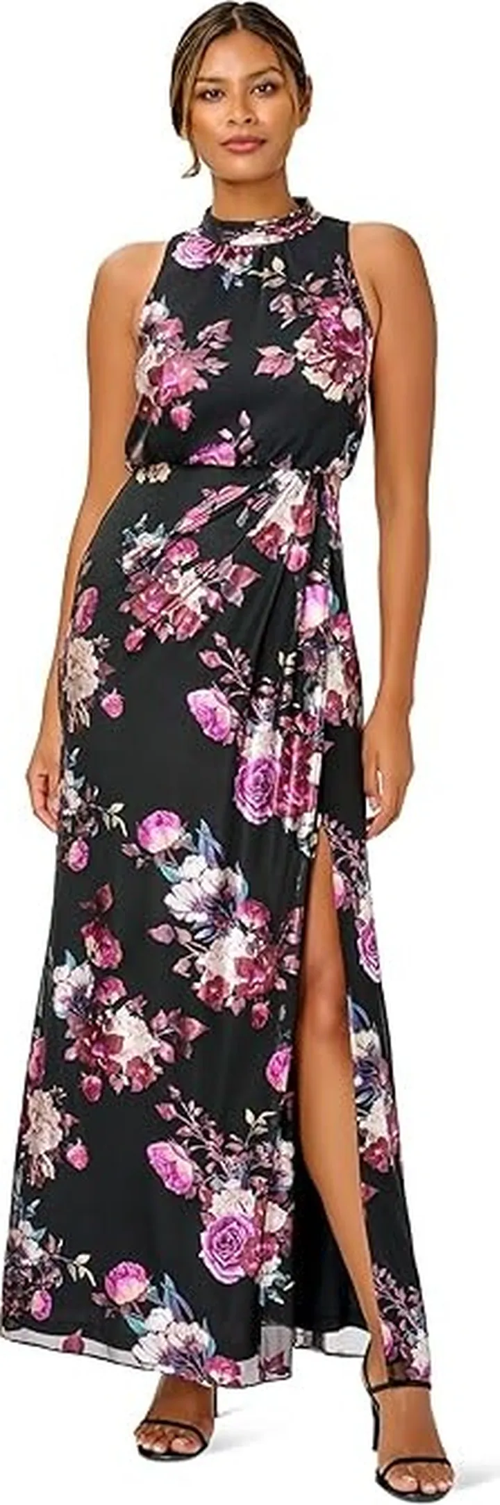 Adrianna Papell Long Printed Metallic Foil Mesh Halter Gown with Mock Neck (Black Multi) Women's Dress