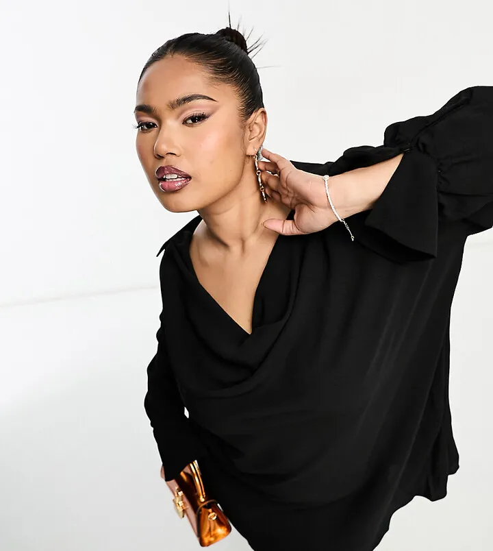 ASOS DESIGN Curve cowl neck long sleeve mini dress in black