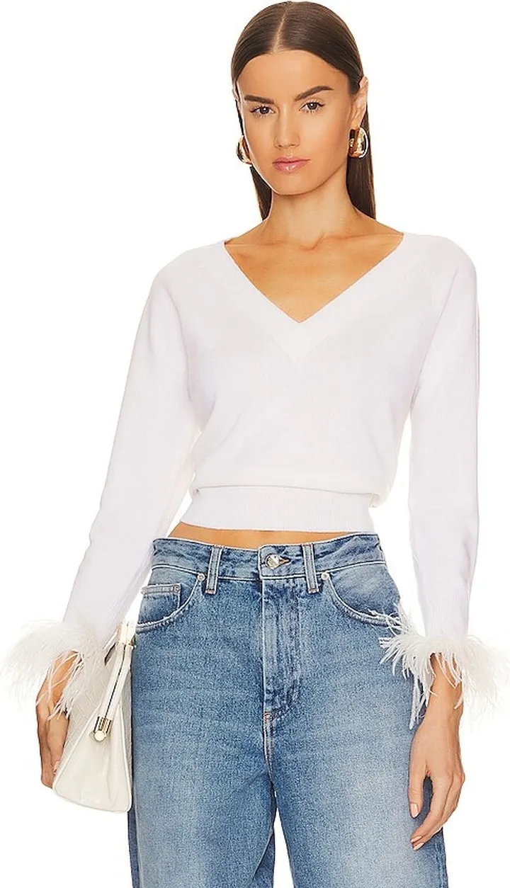Feather Cuff V Neck Sweater