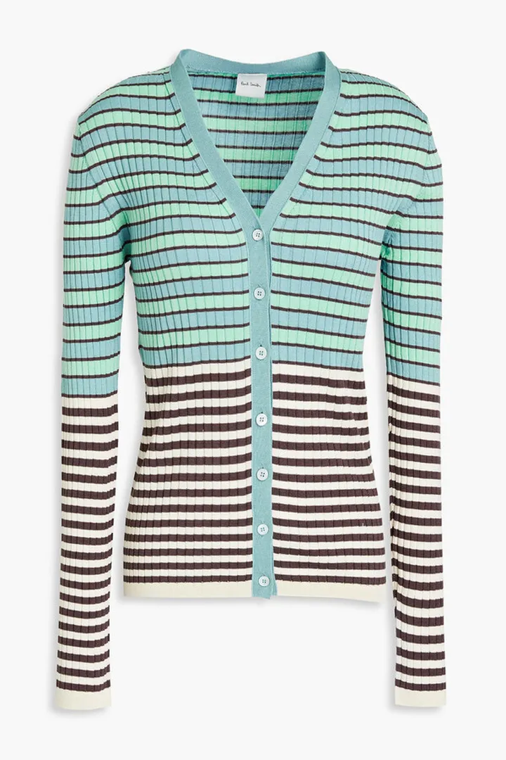 Ribbed striped cotton and wool-blend cardigan