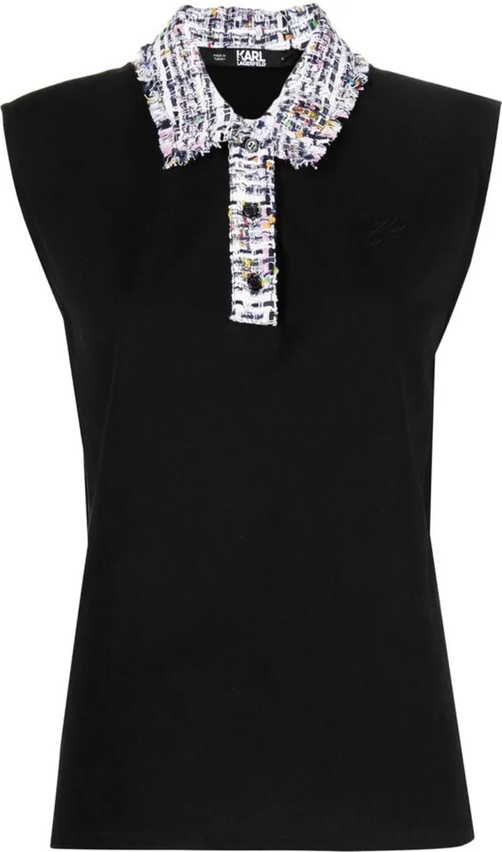 Bouclé-Collar Sleeveless Polo Top