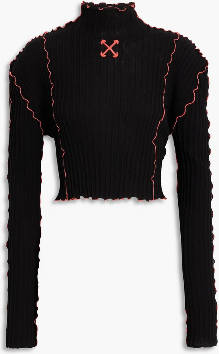 Embroidered ribbed cotton turtleneck top