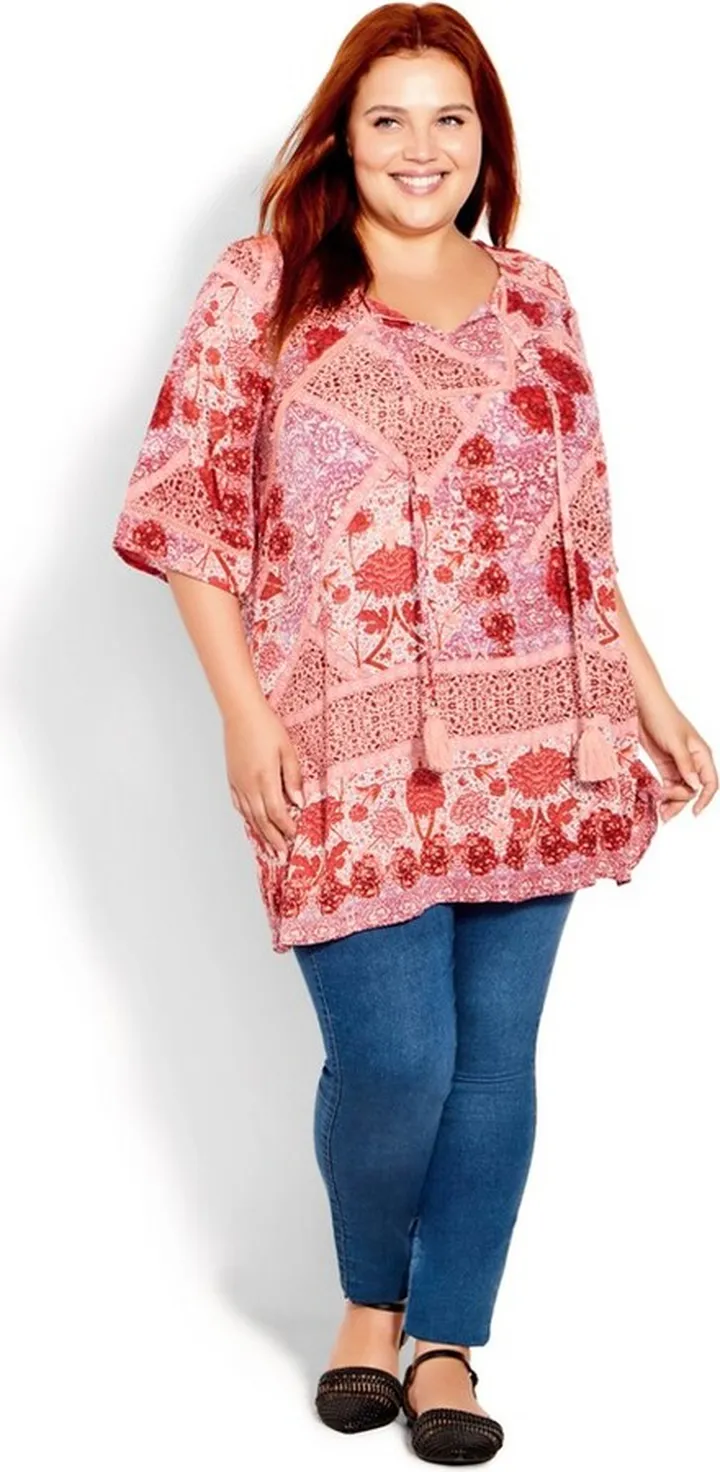 EVANS | Women's Plus Size Crochet Peasant Tassel Tunic - pink - 16W
