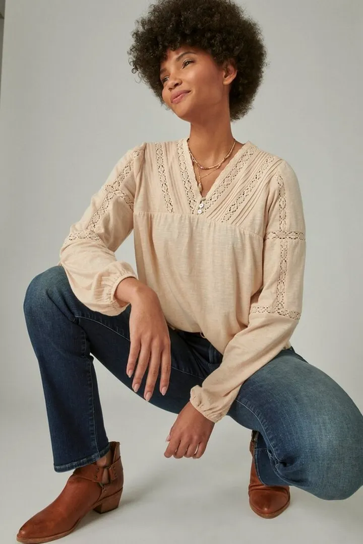 Inset Lace Long Sleeve Peasant Top
