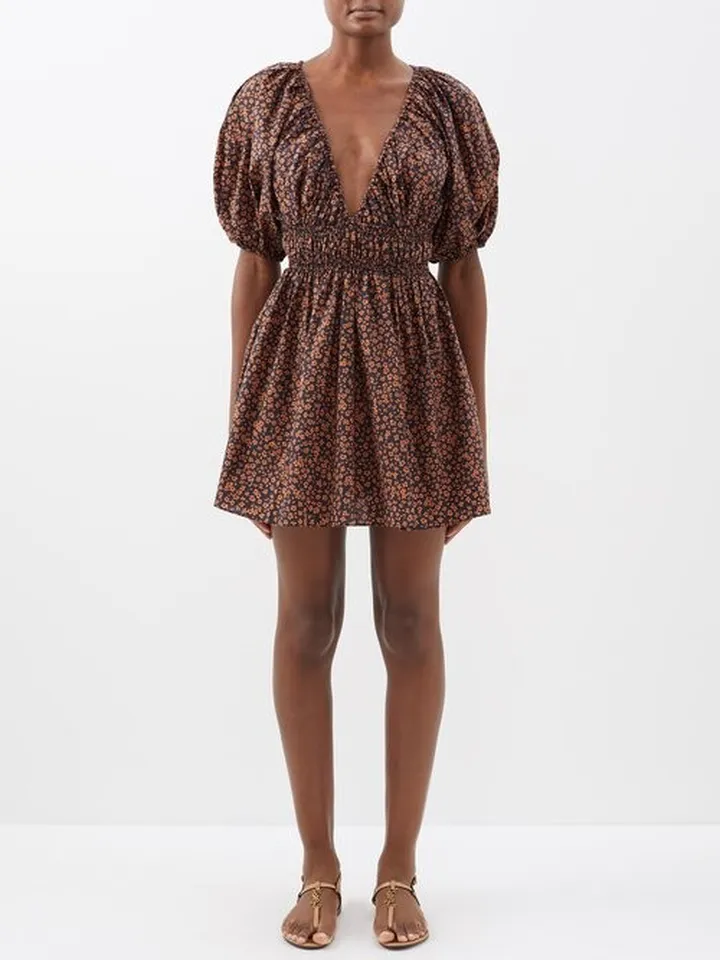 Plunge-neck Floral Organic-cotton Mini Dress