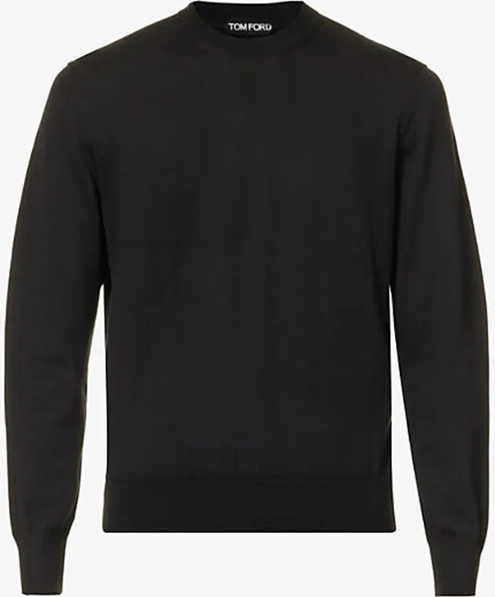 Mens Black Crewneck Knitted Regular-fit Cotton Jumper
