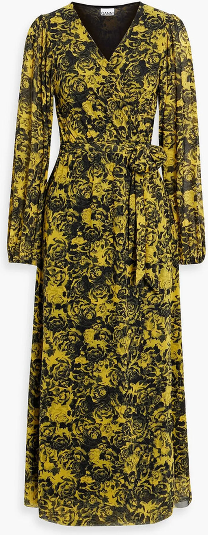 Printed mesh midi wrap dress