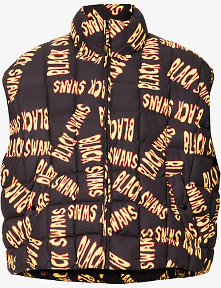 Mens Black Brand-print Funnel-neck Oversized Shell Gilet