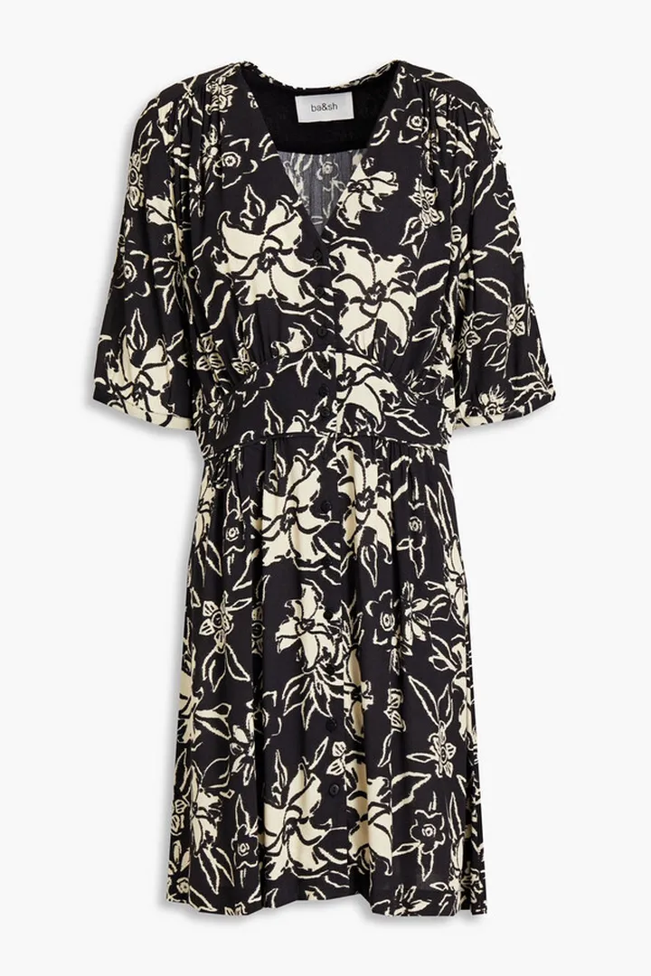 Gathered floral-print crepe shirt dress