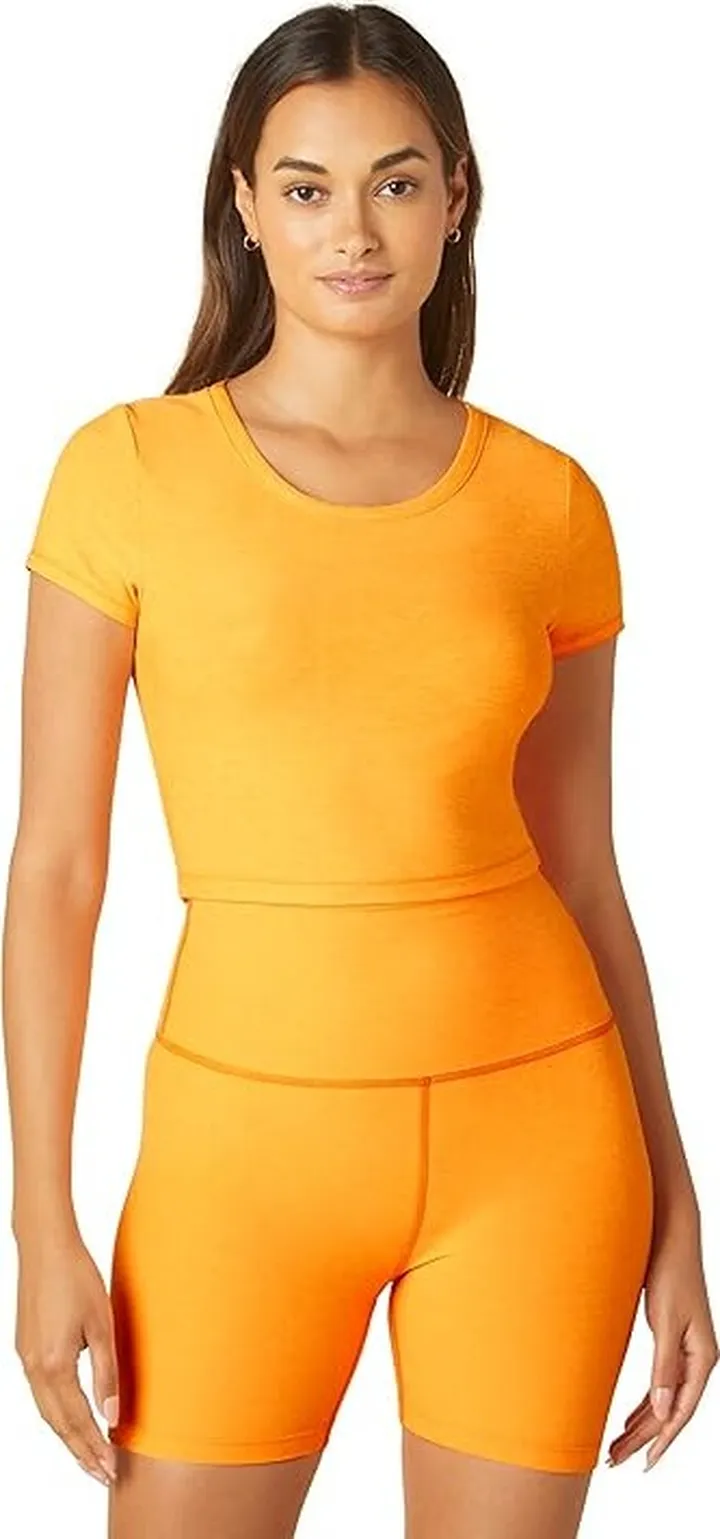 Beyond Yoga Featherweight Perspective Cropped Tee (Mango Pop Heather) Women's Clothing